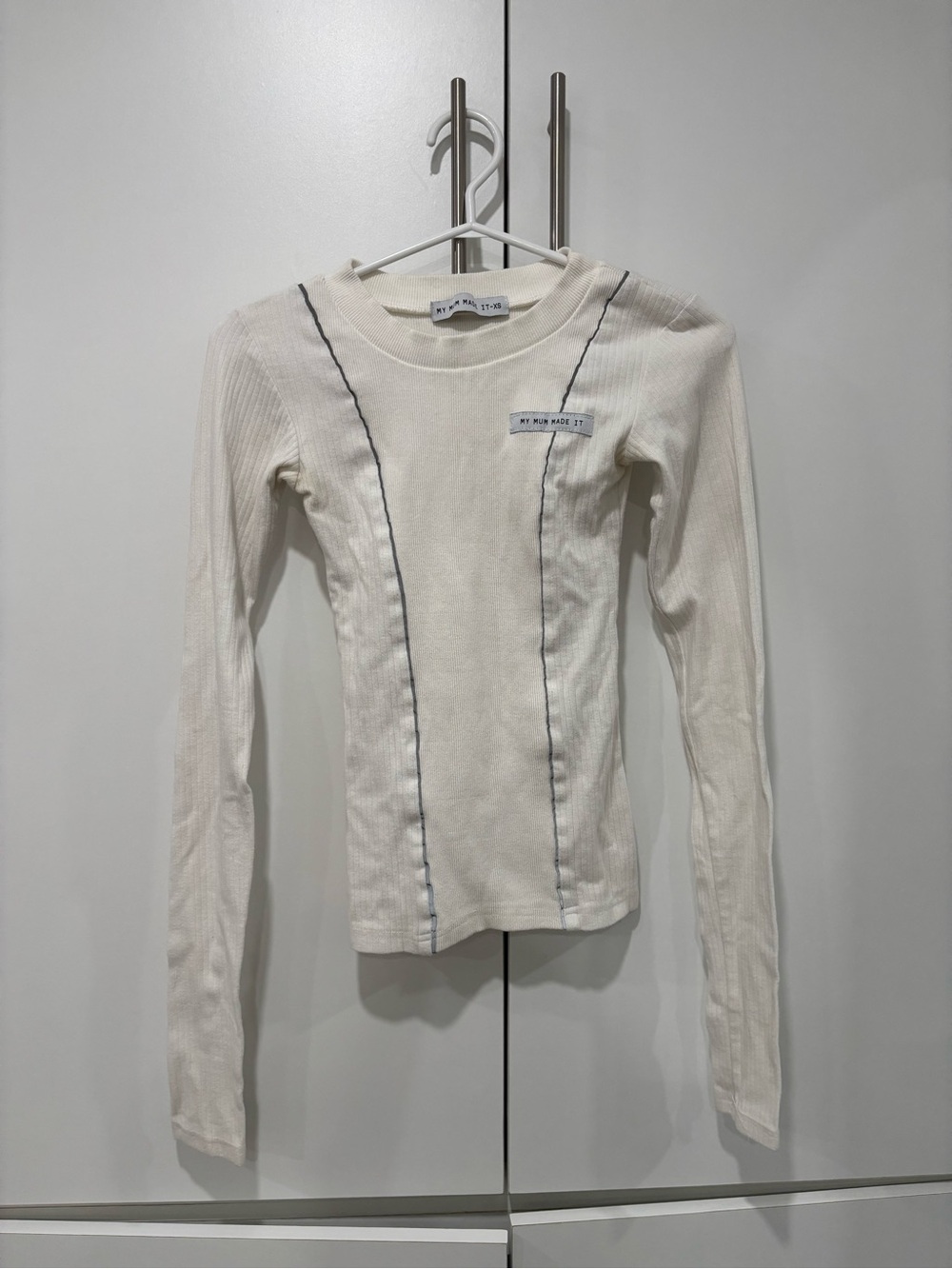 Cream Ribbed Long-Sleeve Top with Contrast Seams